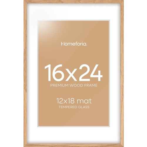 Homeforia Picture 16x24 Wood Frame, High End Natural Oak 16x24 Light Wooden Poster Frame with Mat 12x18, 16 x 24 Frames Matted to 12 x 18 Photo, 24x16 Hanging Frame, Tempered Glass, Wall Kit, Set of 1