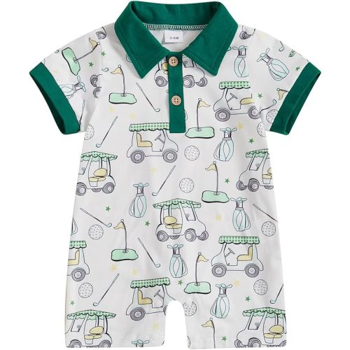 Newborn Baby Boy Golf Outfit Golf Cart Onesie Polo Shirt Romper Short Sleeve Jumpsuit Cute Infant Summer Clothes