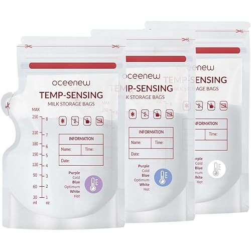 Oceenew 120 Pcs Temp-Sensing Breastmilk Storage Bags 250ml, BPA Free Milk Storage Bags with Pour Spout for Breastfeeding, Self-Standing or Flat Pre-sterilised Bag, Space Saving for Fridge or Freezer