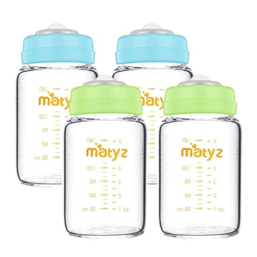 Matyz Glass Breastmilk Storage Bottles, 6 Pack, 6 oz, Compatible with Spectra Medela Breast Pump - Freezer Safe Storage Bottles Set - Wide Mouth Breastmilk Storage Containers - No BPA (Blue Lids)