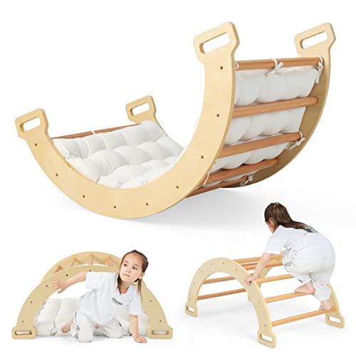 Costzon Wooden Arch Rocker with Cushion, 3-in-1 Montessori Climbing Toys for Toddlers, Children Indoor Outdoor Playground Climbing Gym Learning Playset, Arch Climber Ladder for Kids Gift Presents