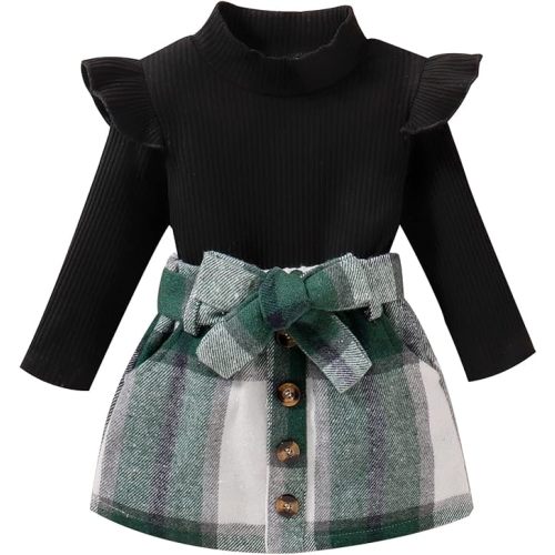 fhutpw Baby Toddler Girl Outfits Fall Winter Clothes Turtleneck Knitted Cotton Long Sleeves Tops & Button Mini Skirts Set
