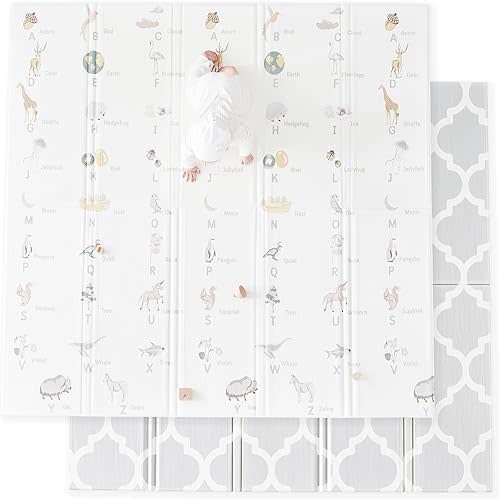 Cuddle & Learn Playmat by Fortella, Foldable Foam Baby Play Mat for Floor, Extra Large & Padded for Tummy Time and Outdoors, Portable with Travel Case (Alphabet & Moroccan 71.5x70x0.6 inch)