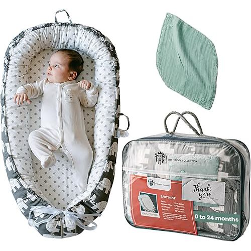 TKC Baby Lounger 0-24 Months | Adjustable Baby Lounger for Newborn | Breathable Organic Cotton Infant Lounger Cover | Reversible Design, Portable Baby Nest Lounger | Includes Baby Bib | Elephant