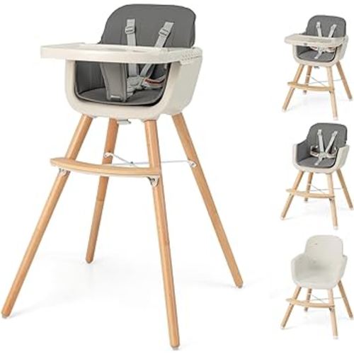 HONEY JOY Baby High Chair, 6-in-1 Eat & Grow Wooden Highchair/Toddler Chair with Removable Tray, 5-Point Harness, PU Cushion and Footrest, Convertible High Chair for Babies and Toddlers(Dark Gray)