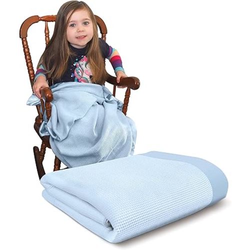 Blankets Thermal Waffle Baby Blanket Crib Bedding - Soft Cozy Warm Infant Thermal Cover for Nursery Stroller or Bassinet, Lightweight Ideal Shower Gift, Satin Trim Blue 36" x 50"