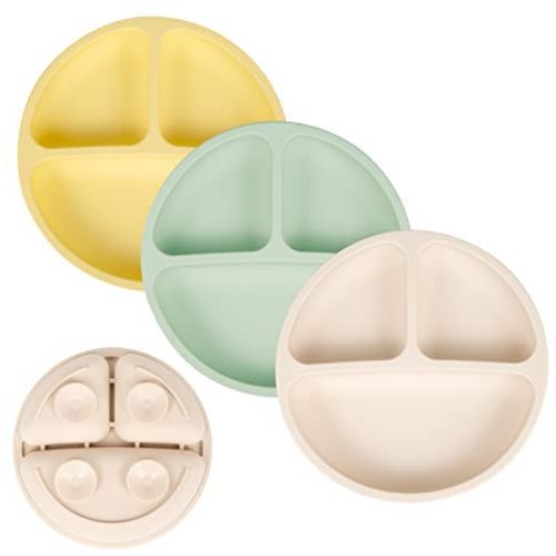 Mia Li Suction Plates for Baby – Set of 3 Toddler Plates with Suction – Cute and Colorful Silicone Plates for Weaning – Ideal for Baby Feeding, Food Storage (Sand, Sage & Honey)