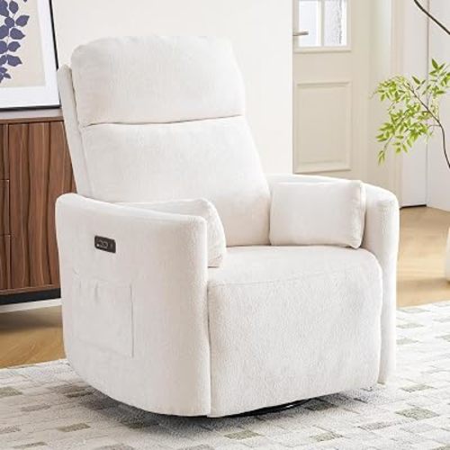 Oversized Power Recliner with Massage and Heat, Swivel Rocker Recliner with Adjustable Headrest, Glider Recliner Nursery Chair with 2 Pillows, Rocking Nursery Recliner for Living Room，White