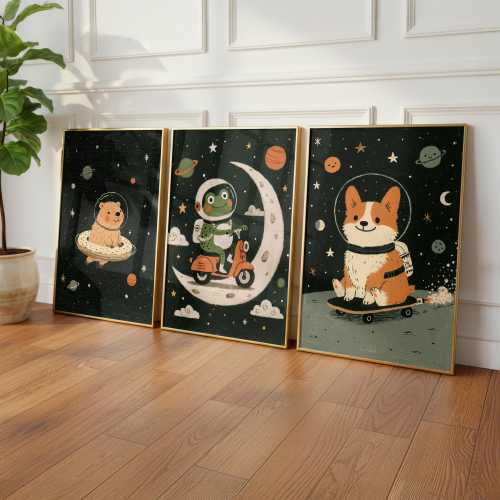Space Animals Set of 3 Prints, Astronaut Nursery Decor, Corgi Frog Bear Wall Art, Boys Room Digital Download, Whimsical Galaxy Printable