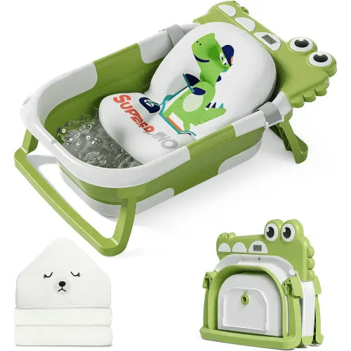 MoreFeel Collapsible Baby Bathtub for Newborn with Thermometer & 1 Hooded Towel & 1 Soft Floating Cushion,Portable Travel Bathtub with Drain Hole, Durable Foldable Baby Tubs for Infants to Toddler