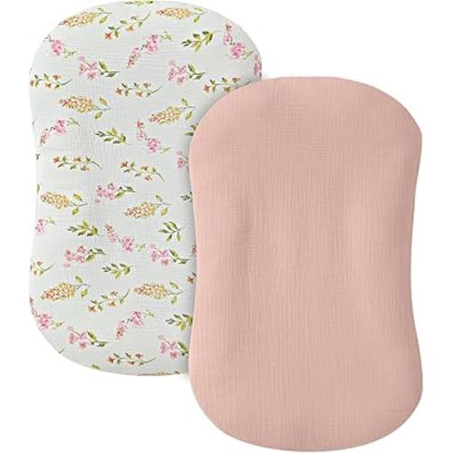 Muslin Baby Lounger Cover 2 Pack, 100% Cotton Infant Lounger Cover, Soft & Breathable Replacement Slipcover, Compatible with Snuggle Me Newborn Lounger (Floral,Pink)