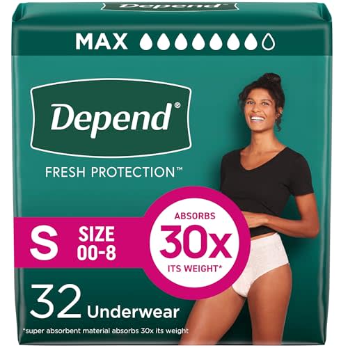 Depend Fresh Protection Adult Incontinence & Postpartum Bladder Leak Underwear for Women, Disposable, Maximum, Small, Blush, 32 Count, Packaging May Vary