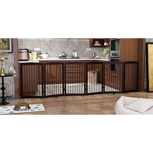 Freestanding Pet Gate for Dogs, Indoor Wooden Foldable Dog Gate for House, Extra Wide, Pet Fence for Stairs, Doorways, Halls, Support Feet Included, 120 Inch Wide, 6 Panels 32",Brown