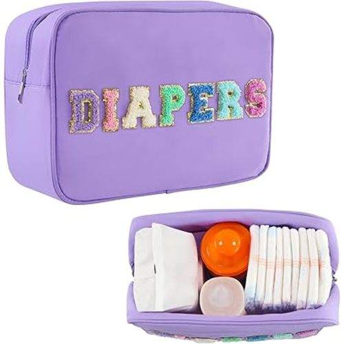 Portable Small Diaper Bag, Chenille Letter Diaper Caddy Organizer Pouch Newborn Baby Essentials Must Haves for Nursery Changing Table, Purple Waterproof Diaper Pail Baby Shower Gifts for Mom To Be