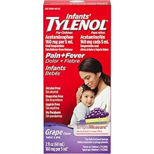 Infants' Tylenol Liquid Pain Relief & Fever Medicine, Oral Suspension, Acetaminophen for Sore Throat, Headache & Teething, Pain Reliever & Fever Reducer for Kids; Grape Flavor, 2 fl. oz.; Pack of 1