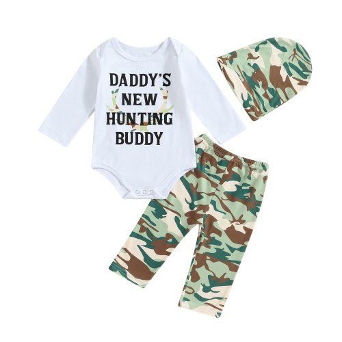 Infant Baby Boys Fall Clothes 6M 12M 18M 24M Long Sleeve Daddy's New Hunting Buddy Print Romper Camouflage Pants Hat