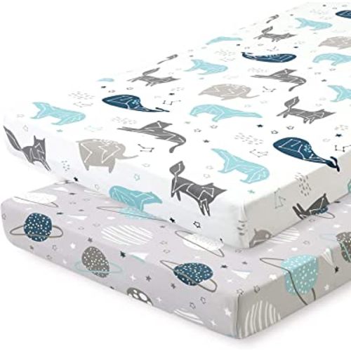 Pack n Play Sheets, BROLEX 2 Pack Mini Crib Sheets,Stretchy Portable Fitted Playard Sheet Set, Convertible Playard Mattress Cover,Ultra Soft Breathable Material,Space Planet