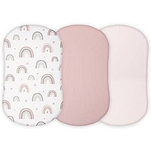 Muslin Bassinet Sheets Compatible with Halo Bassinest Swivel, Flex, Glide, Premiere and Luxe Series Sleeper, Pack 3, 33 X 17 Inch, Ultra Soft and Snug Fit, Unisex Boys Girls, Pink Rainbow