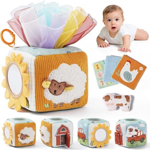 let's make Baby Tissue Box Toy, Farm Montessori Sensory Toys 6-12 Months, Play Silks & Crinkle Tissues with 3D Corduroy, Mirror, Squeaky Cow & Travel Clip - Fine Motor Skills Baby Girl Boy Gifts