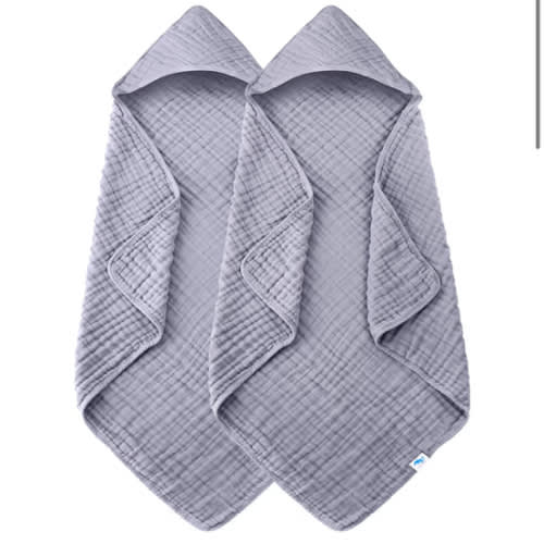 SWEET DOLPHIN Muslin Hooded Baby Bath Towels - 2 Pack 100% Cotton Towel for Babies, Infants, Toddlers - 32x32Inch - Highly Absorbent and Newborn Essential, Grey