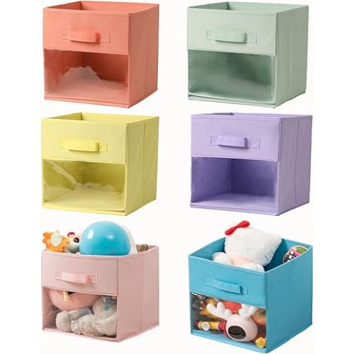 SOCOME Toy Storage Organizer with Clear Window Collapsible Cube Storage Bins Clothes Storage Home 6 Pack, Fabric Storage Cubes for Organizing Clothes, Toys, Books 10.5"×10.5"×11" ( 6 Color )