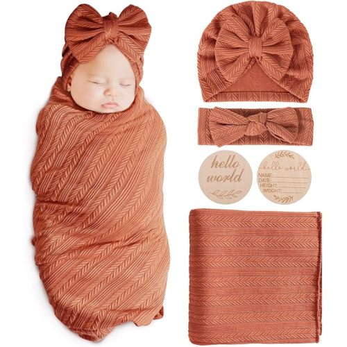 Newborn Receiving Blanket with Bow Hat Headband Wooden Card Set Wheat-Pattern Newborns Toddler Baby Boy Girl Nursery Swaddle Wrap