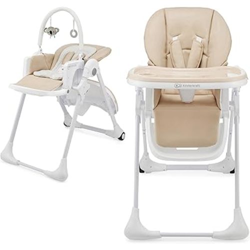 Kinderkraft Tummie, 2-in-1 high Chair, Baby Chair, Ergonomic, Comfortable, Reclining, Foldable, with Ajustable Height, Footrest, Detachable Tray, for Toddler, with Toys, Beige