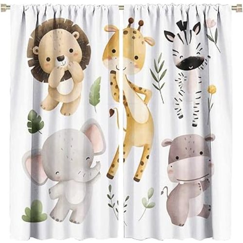 Nursery Curtains Jungle Safari Theme with Giraffe Print, Kids Room Classroom Decor, 42x63 Inches, 75% Blackout Fabric for Baby Nursery, Animal Cub Design, Easy Install & Machine Washable