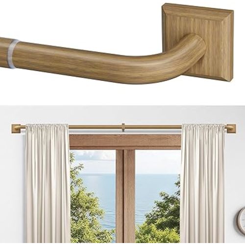 Boho Wood Grain Curtain Rods for Windows 48-90Inch(4-7.5ft) Heavy Duty Wrap Around Blackout Curtain Rods, Adjustable Room Darkening Drapery Rod for Bedroom, Living Room & Outdoor, Stainless Steel
