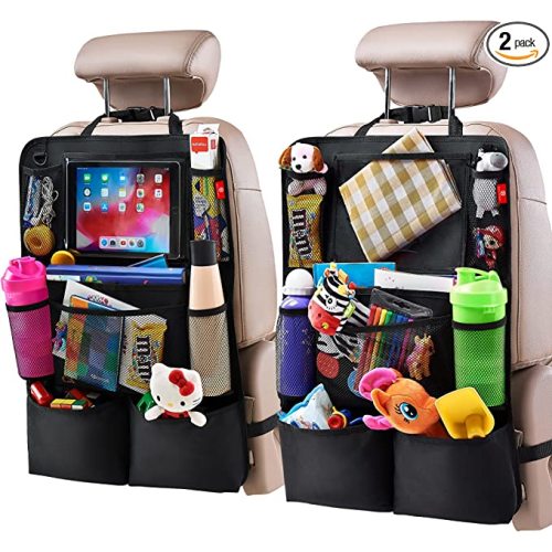 Helteko Backseat Car Organizer, Kick Mats Back Seat Protector with Touch Screen Tablet Holder, Back Seat Organizer for Kids with 9 Storage Pockets, Travel Accessories (2 Pack, Black)