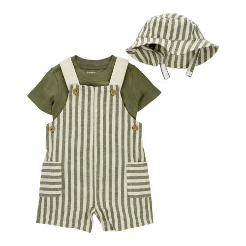 Baby 3-Piece Tee & Striped Linen Shortall Set - 24M - Style,Green