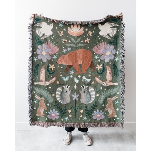 Woodland Animal Throw Blanket: Personalized Cute Nature Home Decor, Bear Owl Raccoon, Forest Green, Cozy Nursery Kids Room, Maximalist Boho