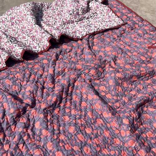 Handmade purple Coral Pink Floral Block Print Quilt, Reversible Cotton Comforter Summer Lightweight Blanket