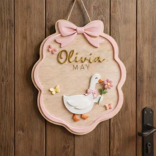 Personalized Goose Wooden Name Sign, Custom Baby Girl Nursery Door Sign, Bow Kids Room Plaque, Cute Goose Nursery Decor, Baby Shower Gift