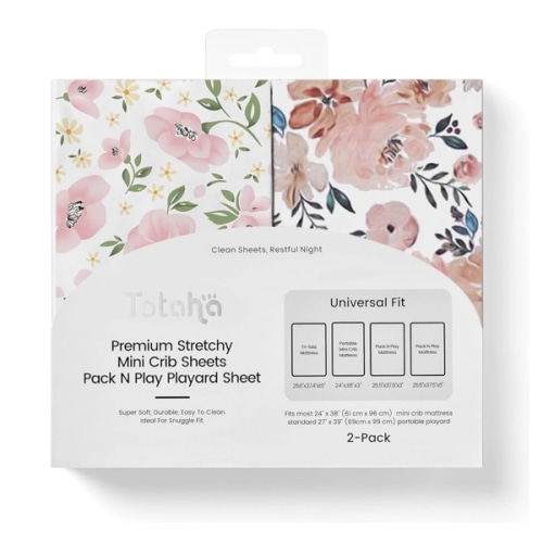 Graco Pack and Play Sheets Fitted, TotAha Buttery Soft Mini Crib Sheets Girl, Floral Pack N Play Mattress Sheets Hypoallergenic, Premium Jersey Playrad Sheets, Meredith Allover & Pale Pink, 2 Pack