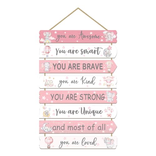 Paquesta Girls Room Decor Elephant Wall Art Inspirational Wood Sign for Kids Bedroom Nursery Toddler Pink Decorations, 8 Pieces, 11.4"x2"