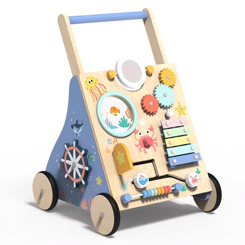 Gigglegems Wooden Baby Walker with Activity Center, Montessori Push Walker Toy for Babies 18 Months+, Sit to Stand Walker with Wheels for Boys & Girls, Infants to Toddler