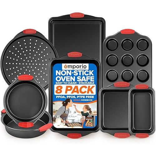 Baking Pan Set - Nonstick Coating, Carbon Steel Bakeware Set with Red Silicone Handles, PFOA, PFOS, PTFE Free, Recipe Booklet Included, Oven Safe Tray (Up To 450° F), Set of 8 - Black
