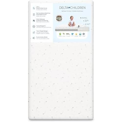 Delta Children Refresh 2-Stage Crib and Toddler Mattress - Breathable Cover and Core - Machine Washable - GREENGUARD Gold – Waterproof - Sustainably Sourced Core, Grey