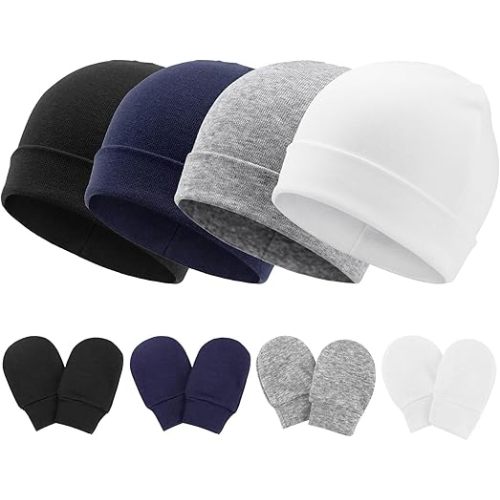 4 Pcs Newborn Baby Hat 0-6 Months Infant Cotton Beanie Baby Cap and Mitten for Newborn Baby Boy Girl Toddler