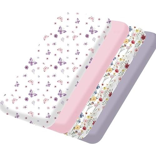 bimocosy Mini Crib Sheets,Pack and Play Sheets for Baby Girl Boy 4 Pack,Size 38"x 26" for Playard Mattress,Portable Mini Crib,Soft Pack N Play Sheets Fitted,Butterfly/Floral/Pink/Purple