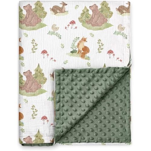 GLLQUEN BABY Blankets for Unisex Newborn Super Soft Nursery Minky Blankets with Muslin Cotton Front and Dotted Fleece Backing, Forest Stories, 30 x 40 inches