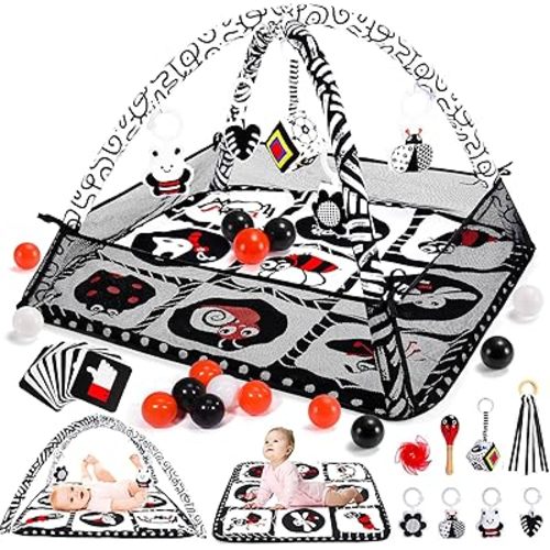 Baby Tummy Time Mat with 10 Sensory Toys, Play Mat for Babies 0-6 6-12 Months, Baby Play Mat for Floor, Baby Play Gym, Playmate for Baby Toys Gifts, Baby Shower Gifts, Newborn Essentials Must Haves