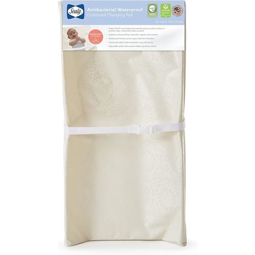 Sealy Baby Antibacterial Waterproof 2-Sided Contoured Diaper Changing Pad for Dresser or Table, Durable Easy to Clean Surface, Supportive Soybean Enhanced Foam, Made in USA, White, 32' x 16'