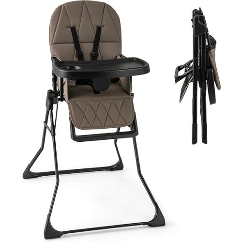 HONEY JOY High Chair, Foldable Baby Feeding Chair, Adjustable Tray & Footrest, Removable Easy-to-Clean PU Seat Cushion, 5-Point Harness, Cup Holder, Highchairs for Babies and Toddlers (Coffee)