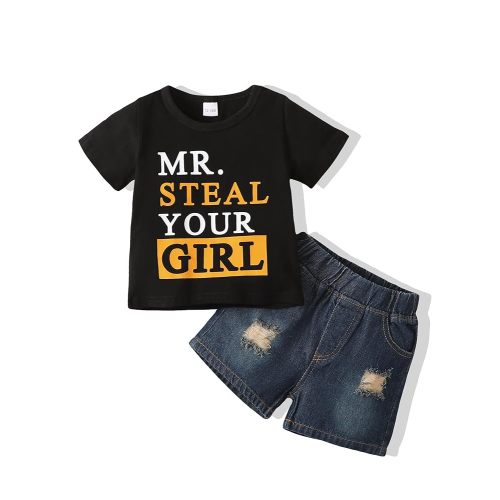 NZRVAWS Baby Boy Clothes Toddler Boy Outfit 2 3 4T 6 12 18 24 Months Spring Summer Letter Printed T Shirt Shorts Ripped Jean
