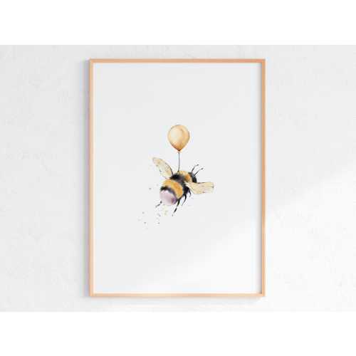 Bee And Balloon Wall Art, Watercolor Bee Print, Bumblebee Art, Honey Bee Poster, Whimsical Nursery Illustration, DIGITAL DOWNLOAD