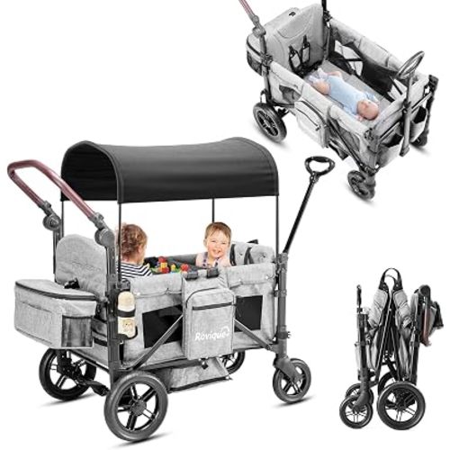 Rovique Wagon Stroller for 2 Kids,Premium Wagon for Kids with Removable Canopy, Snack Tray, Convertible Baby Bassinet, 5-Point Safety Harness, All-Terrain PU Wheels & Adjustable Push/Pull Handle,Grey