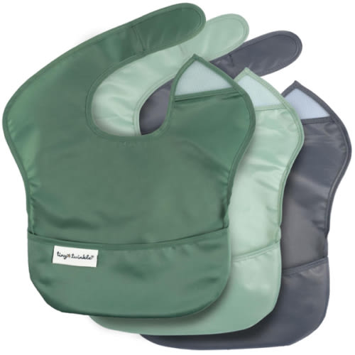 Tiny Twinkle Mess Proof Baby Bibs for Eating - Waterproof, Wipeable Bibs - Toddler Bibs - Travel Friendly - PFAS, PVC, BPA, Phthalate Free - Baby Food Bibs(3 Pack,Olive. Slate)