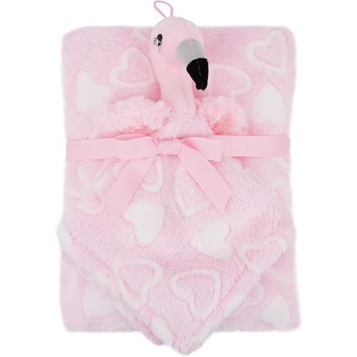June Garden Cozy Dream Fleece Baby Security Blanket and Plush Blanket Gift Set - Infants Nursery Swaddling Bed Blankets - 15" x 15" Lovey and 30" x 38" Blanket - Stuffed Flamingo Animal Plush - Pink